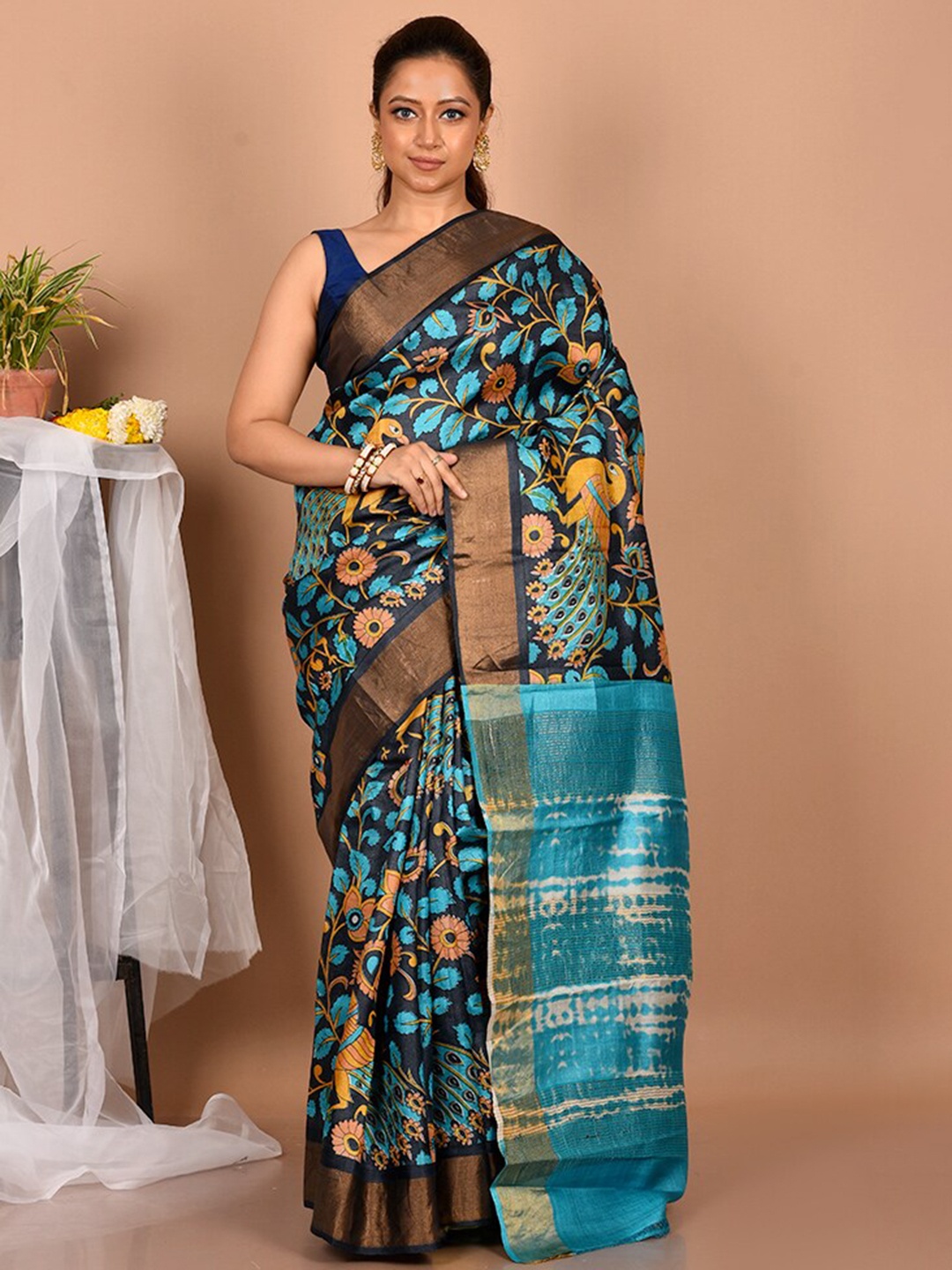 

AllSilks Black & Blue Floral Zari Silk Blend Tussar Saree