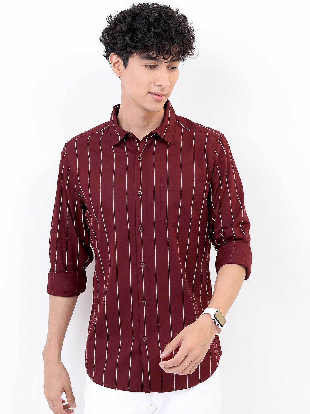 

HIGHLANDER Men Maroon Slim Fit Striped Cotton Casual Shirt