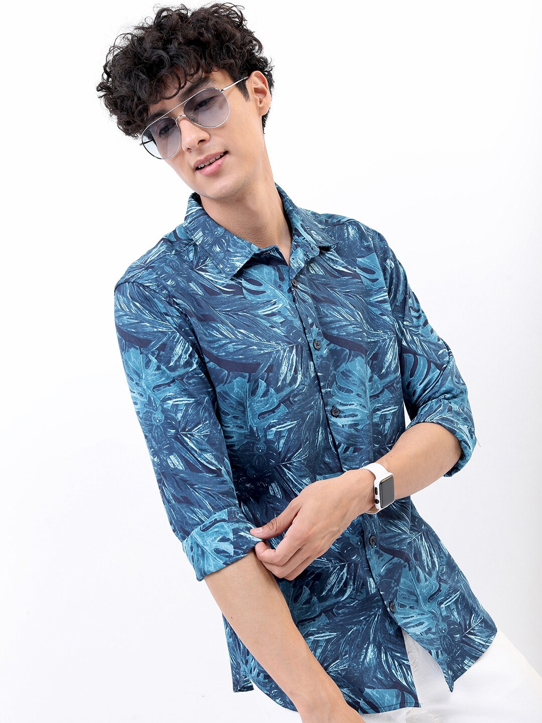 

HIGHLANDER Men Slim Fit Floral Printed Cotton Casual Shirt, Blue