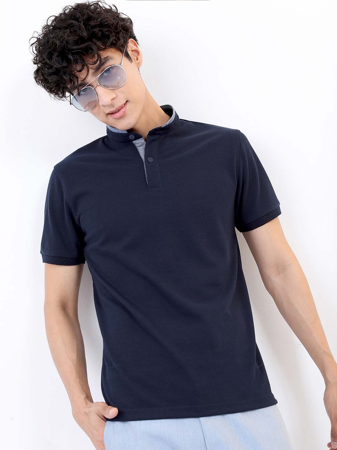 

HIGHLANDER Men Navy Blue Polo Collar Slim Fit T-shirt