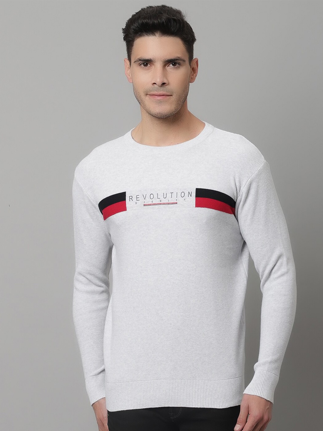 Cantabil Men Grey & Red Typography Printed Wool Pullover