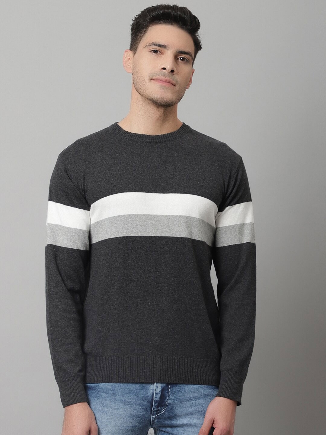 

Cantabil Men Grey Melange & White Striped Long Sleeves Wool Pullover