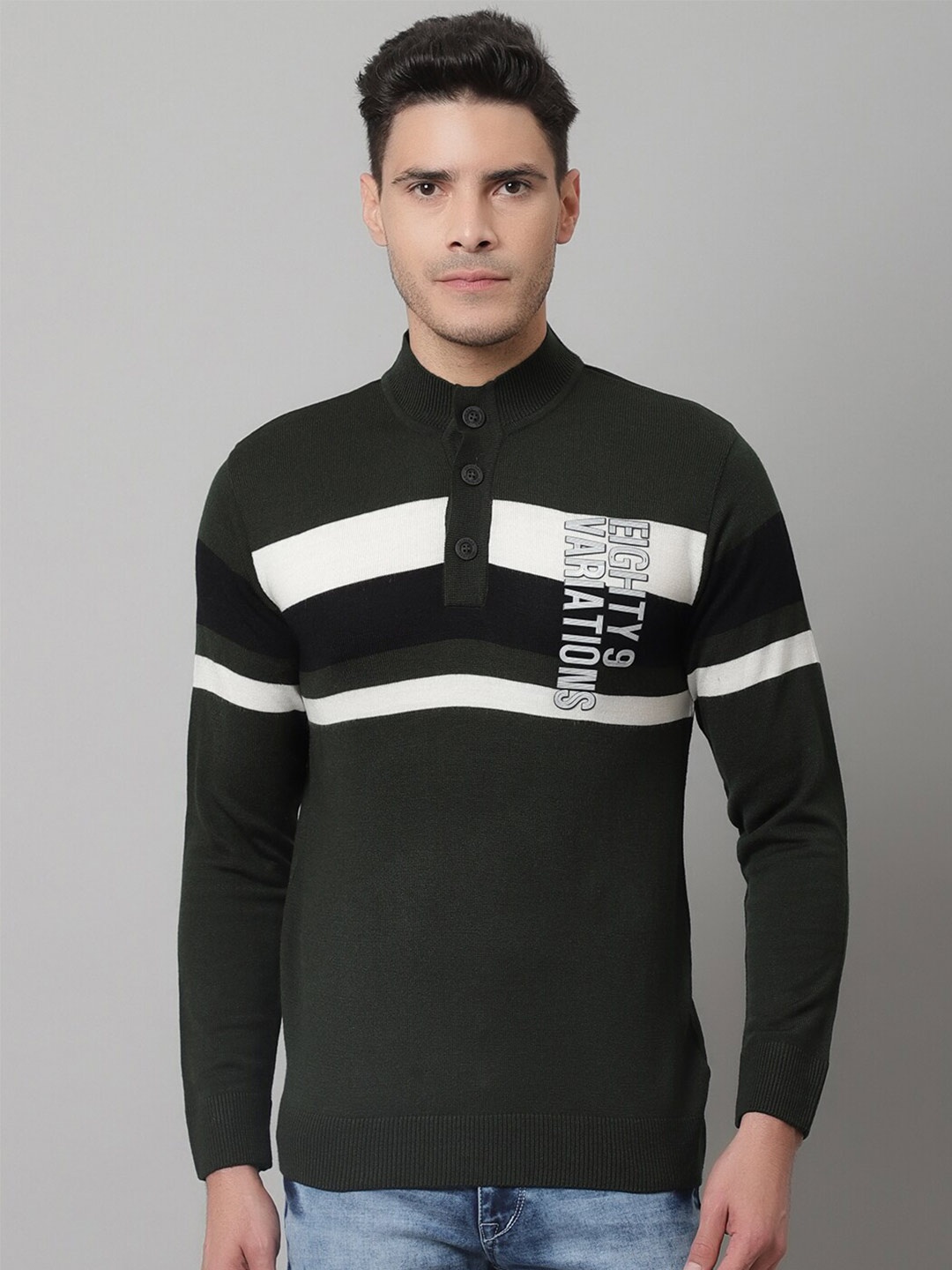 

Cantabil Men Olive Green & White Striped Mock Collar Long Sleeves Wool Pullover