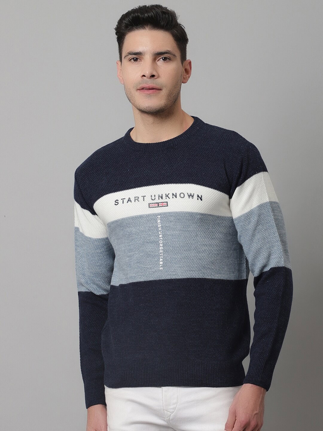 

Cantabil Men Blue & White Colourblocked Round Neck Long Sleeves Wool Pullover