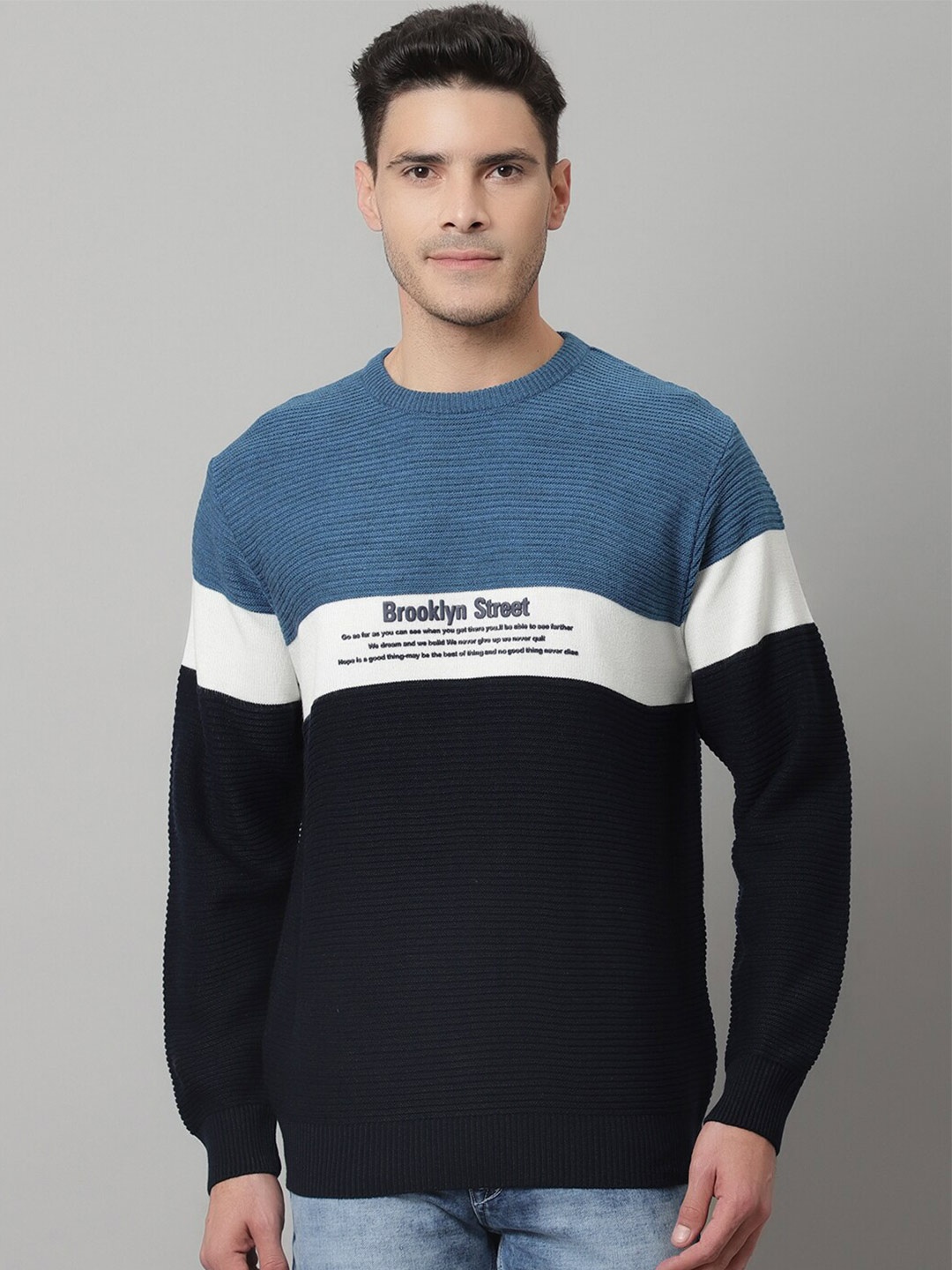 

Cantabil Men Navy Blue & White Colourblocked Wool Pullover