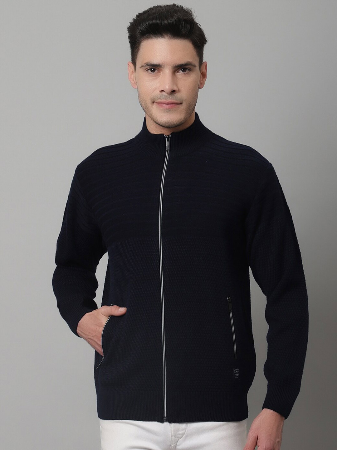 

Cantabil Men Navy Blue Cable Knit Wool Cardigan