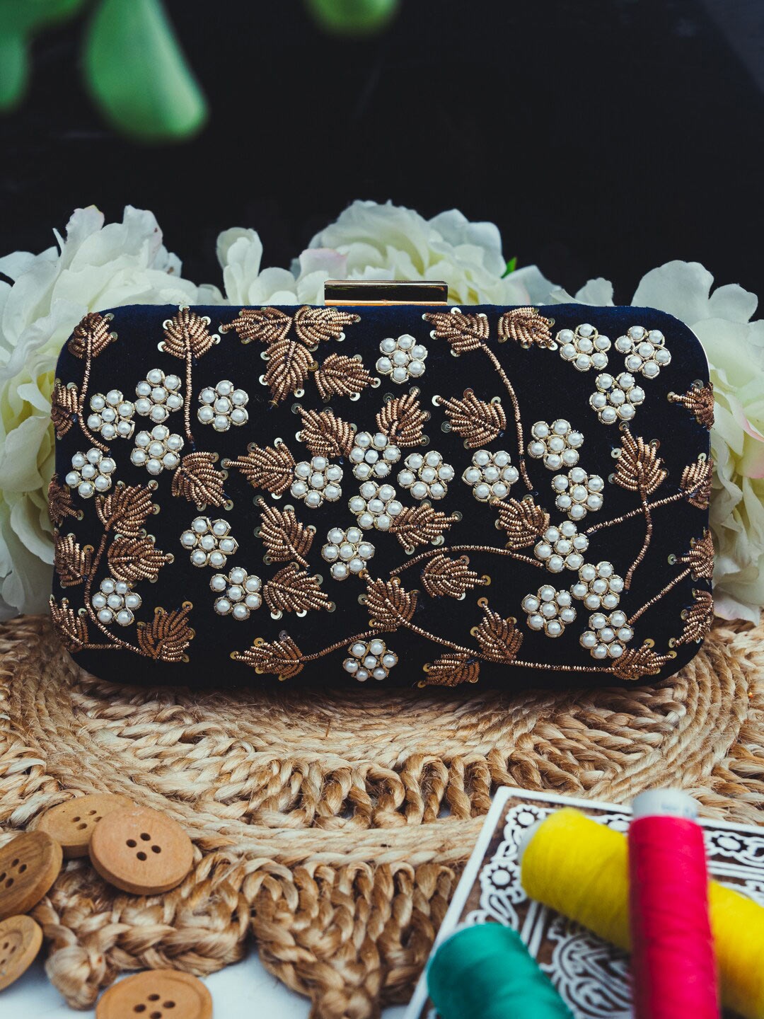 

NR By Nidhi Rathi Navy Blue & White Embroidered Box Clutch