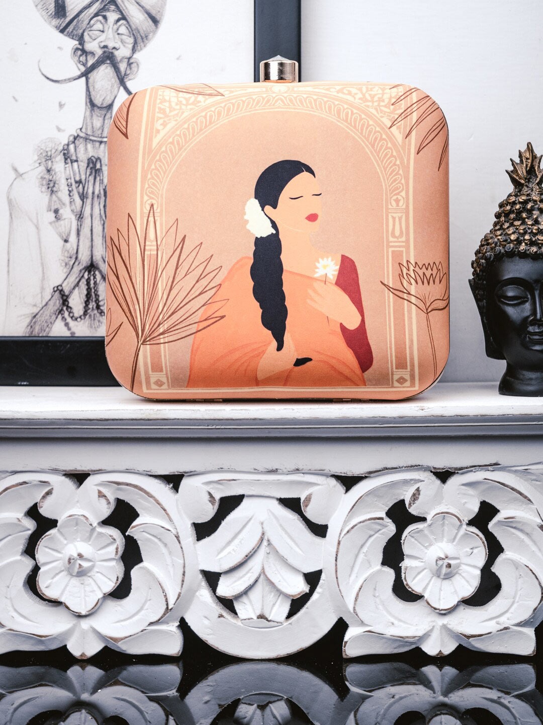 

NR By Nidhi Rathi Beige & Red Printed Box Clutch