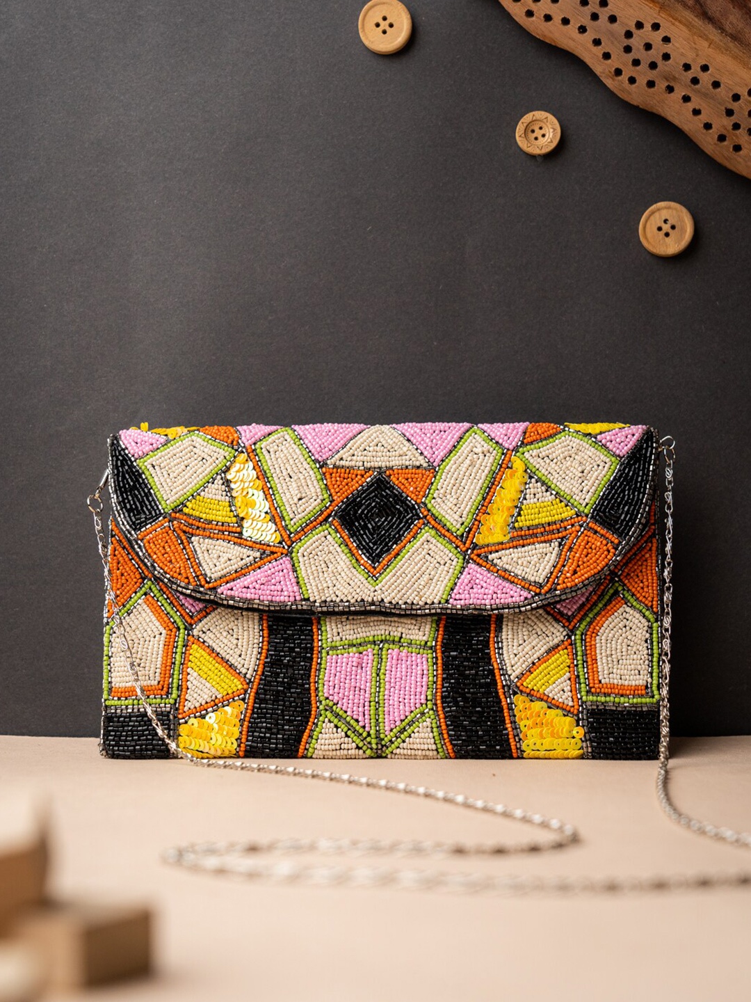

NR By Nidhi Rathi Black & Pink Embroidered Embellished Envelope Clutch