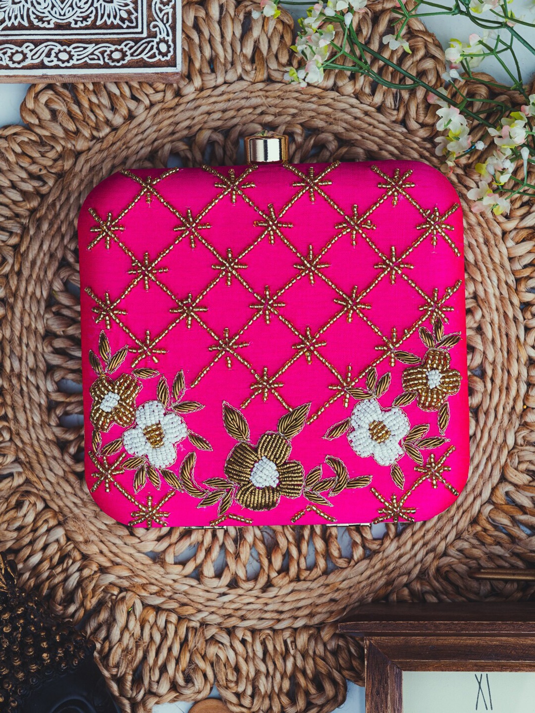 

NR By Nidhi Rathi Pink & White Embroidered Box Clutch