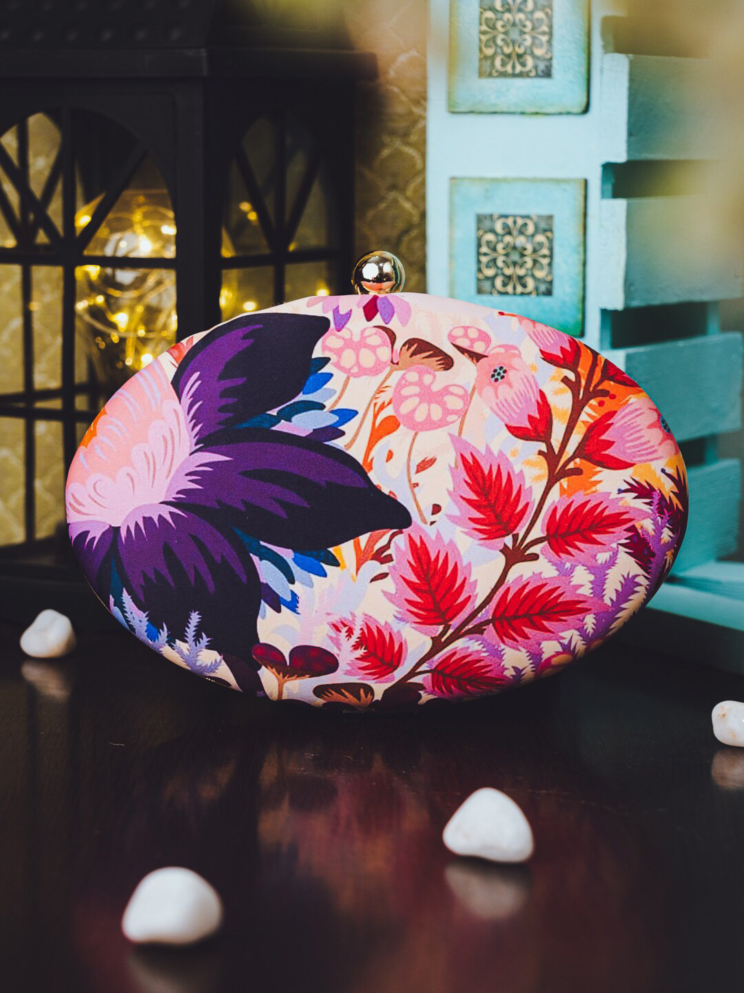 

NR By Nidhi Rathi Peach-Coloured & Purple Printed Box Clutch