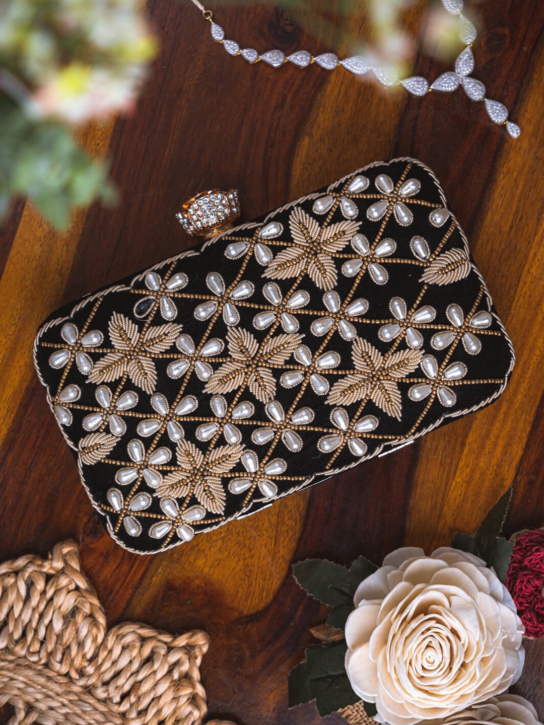 

NR By Nidhi Rathi Black & White Embroidered Embellished Box Clutch