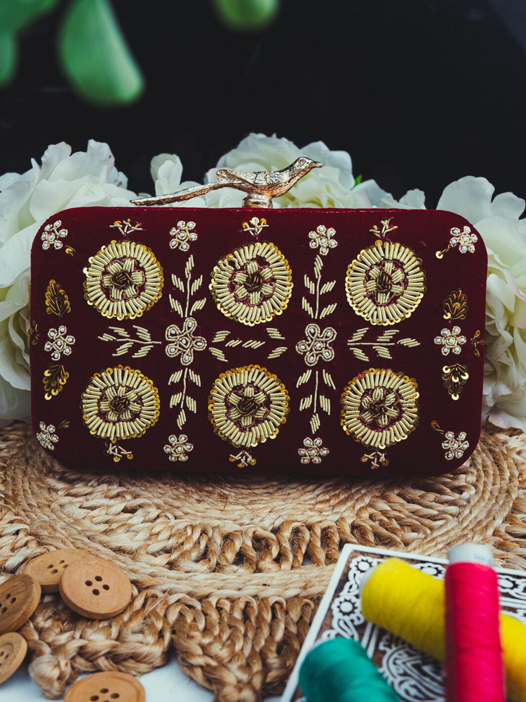 

NR By Nidhi Rathi Maroon & Gold-Toned Embroidered Embroidered Box Clutch