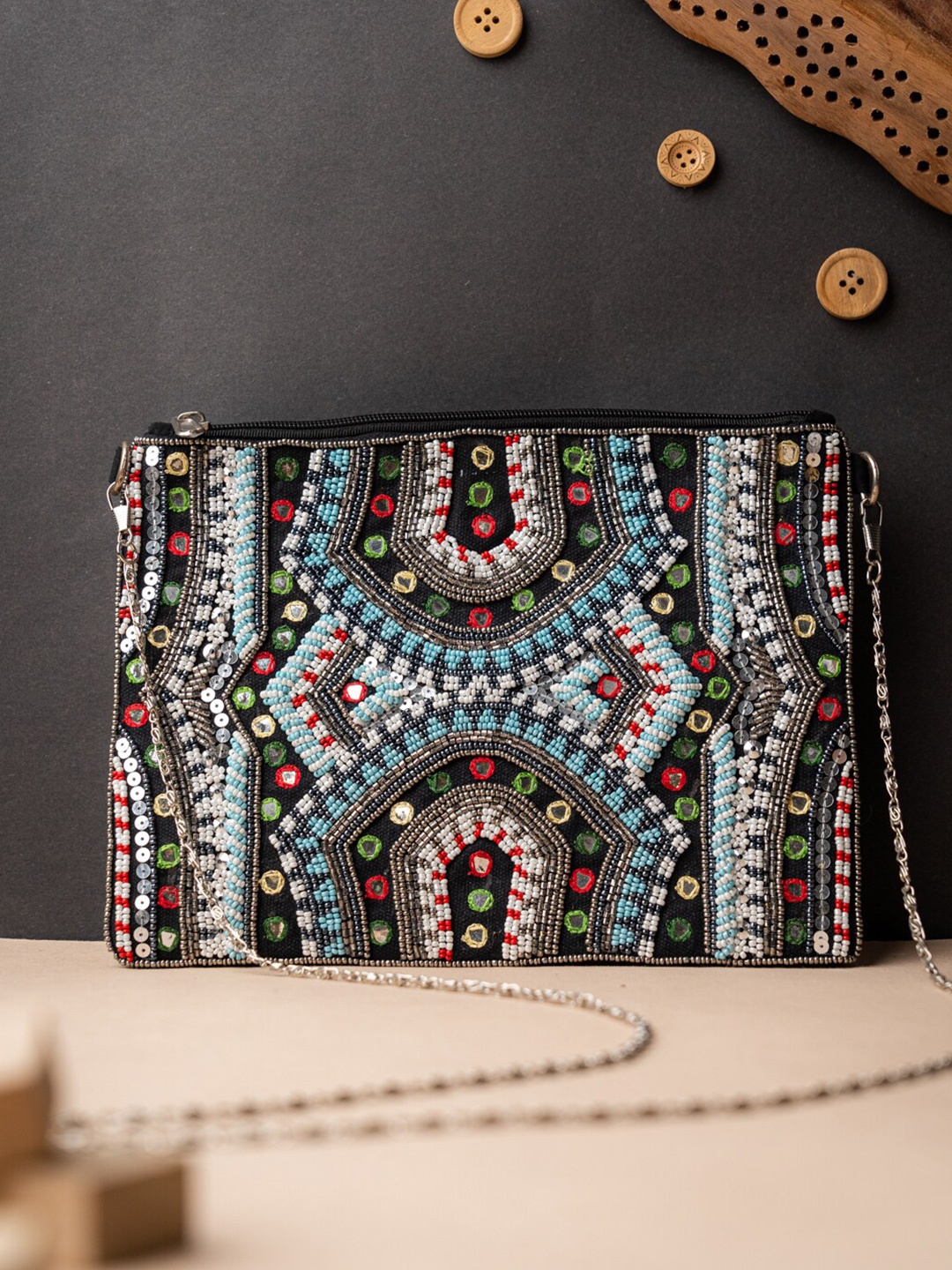 

NR By Nidhi Rathi Black & Blue Embroidered Embellished Purse Clutch