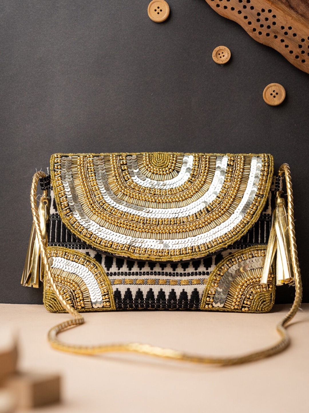 

NR By Nidhi Rathi Black & White Embroidered Embellished Purse Clutch