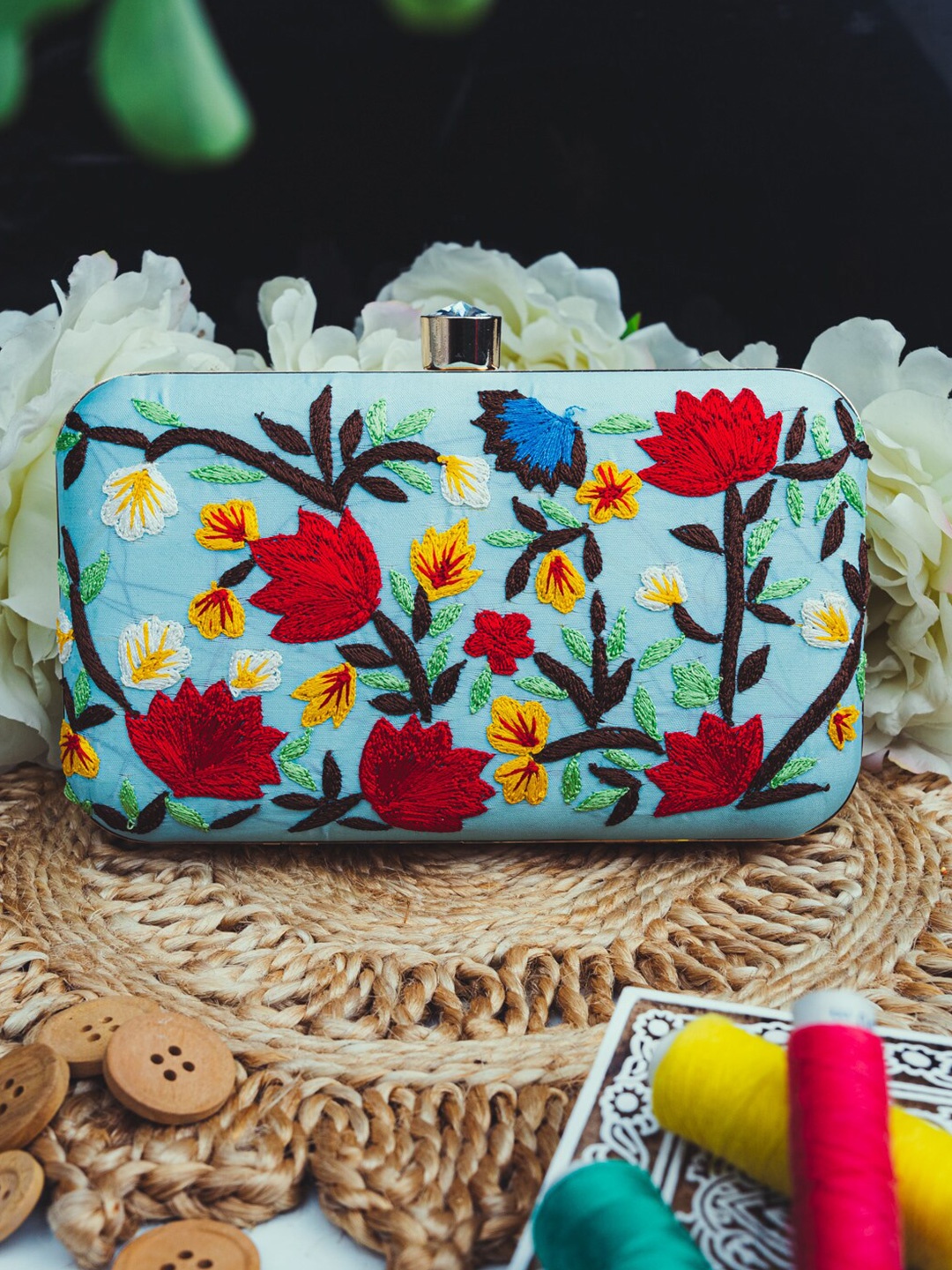 

NR By Nidhi Rathi Blue & Red Embroidered Embroidered Box Clutch