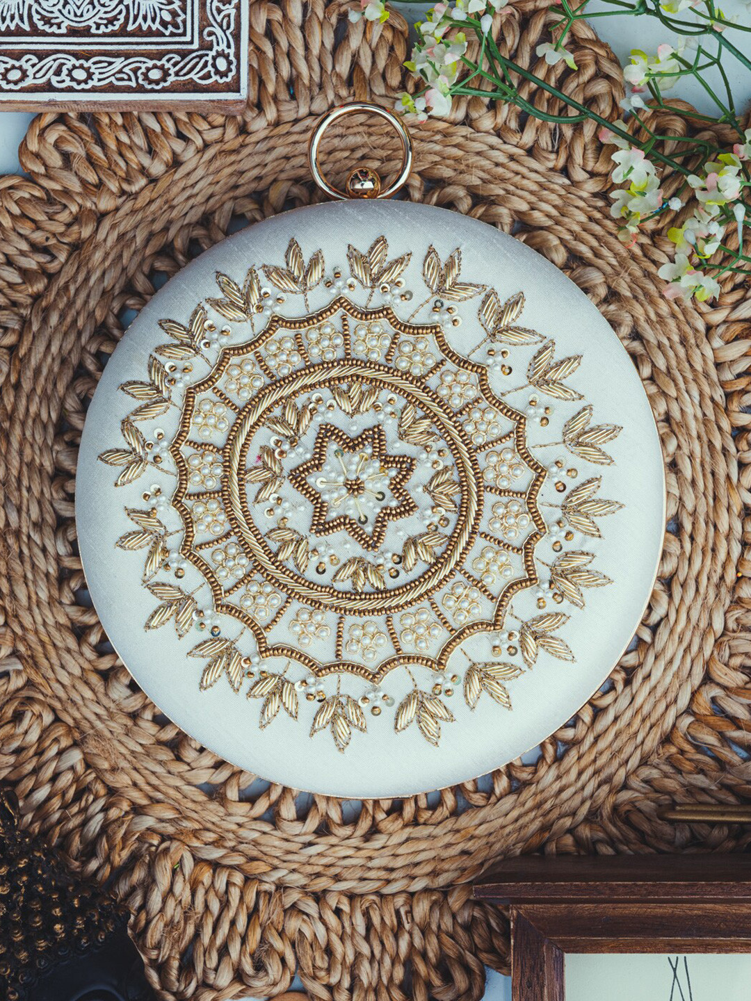 

NR By Nidhi Rathi Women White & Gold-Toned Embroidered Embroidered Box Clutch