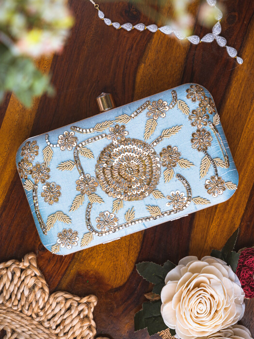 

NR By Nidhi Rathi Women Blue & Gold-Toned Embroidered Embroidered Box Clutch