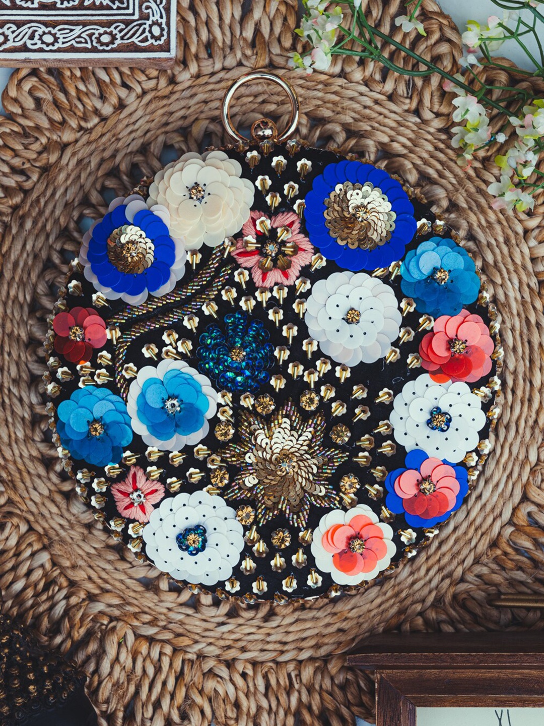 

NR By Nidhi Rathi Black & Blue Embellished Box Clutch