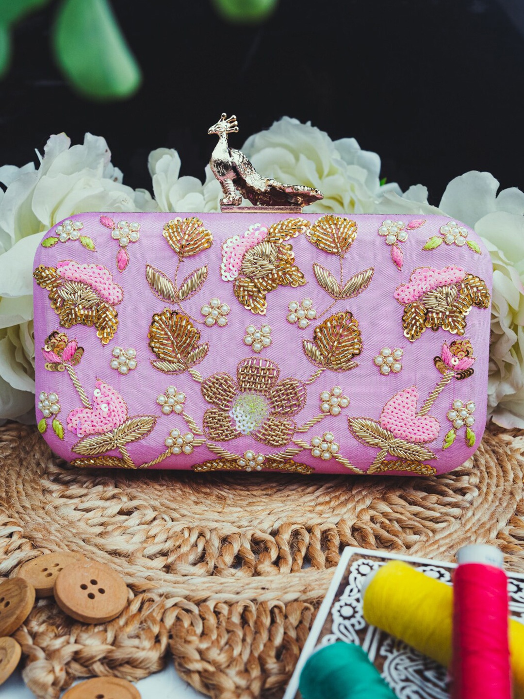 

NR By Nidhi Rathi Women Pink & Gold-Toned Embroidered Box Clutch