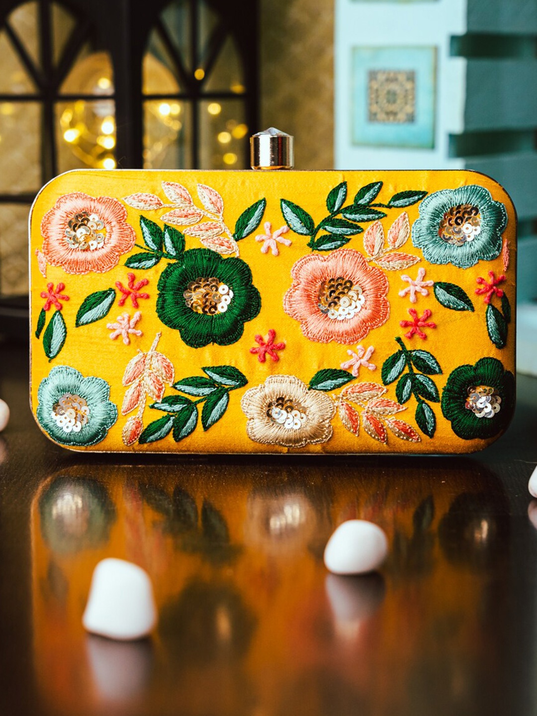 

NR By Nidhi Rathi Women Yellow & Green Embroidered Embroidered Box Clutch