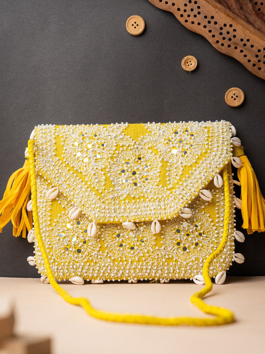 

NR By Nidhi Rathi Women Yellow & White Embroidered Embroidered Foldover Clutch