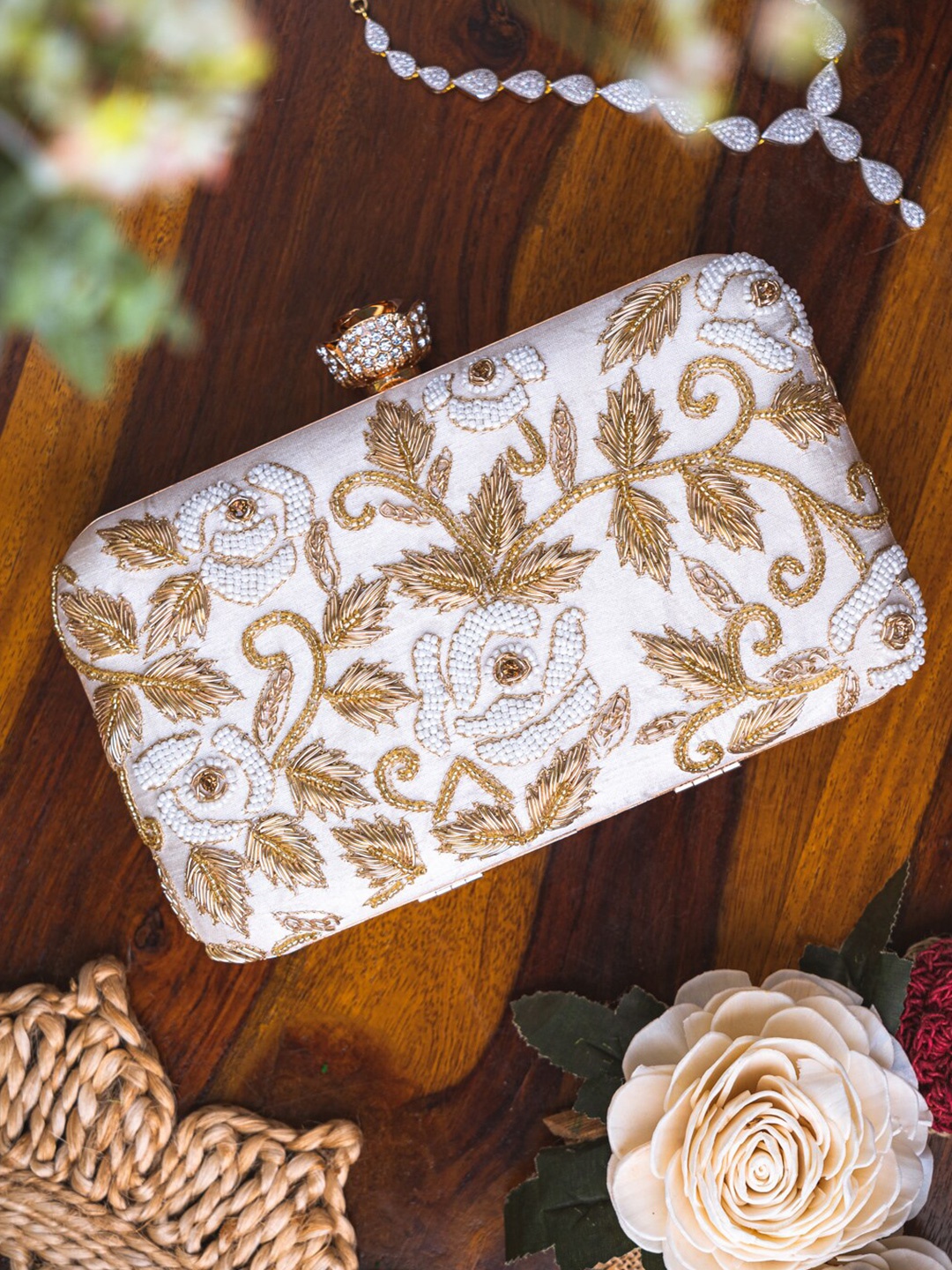 

NR By Nidhi Rathi Women White & Gold-Toned Embroidered Embroidered Box Clutch