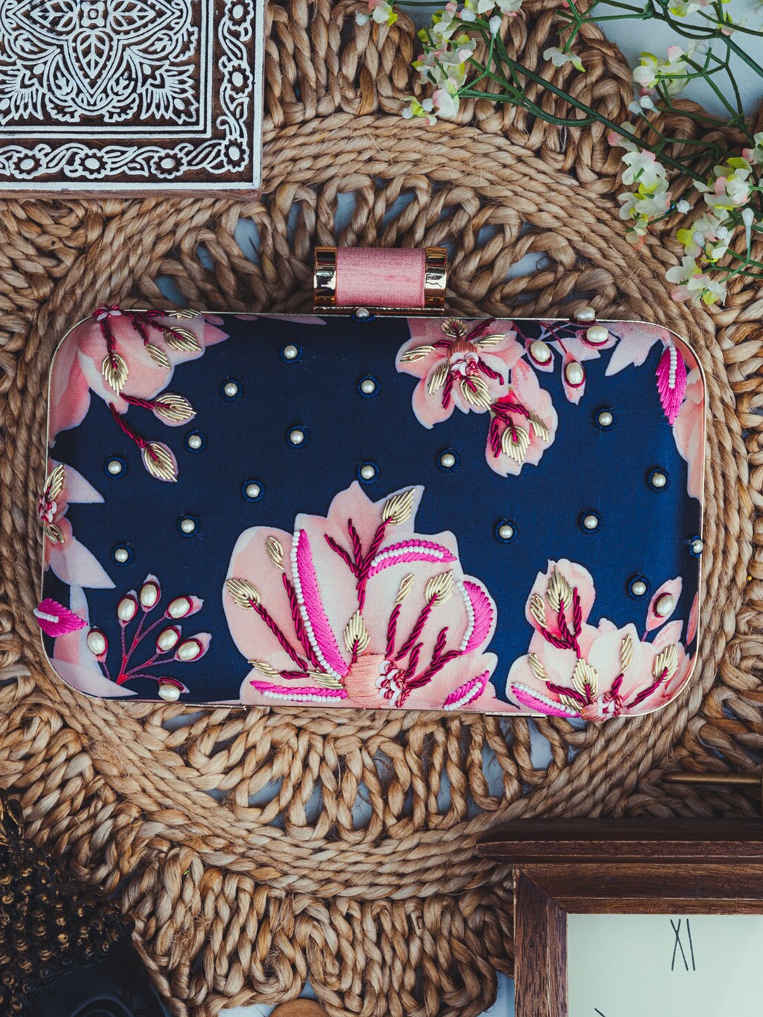 

NR By Nidhi Rathi Women Navy Blue & Pink Embroidered Embroidered Box Clutch