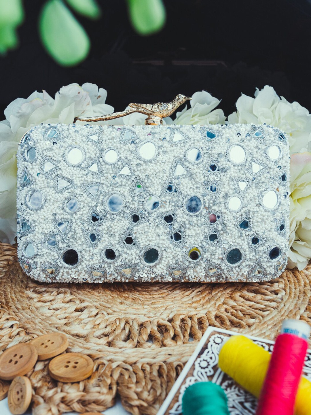 

NR By Nidhi Rathi Women Silver-Toned & White Embellished Embellished Box Clutch