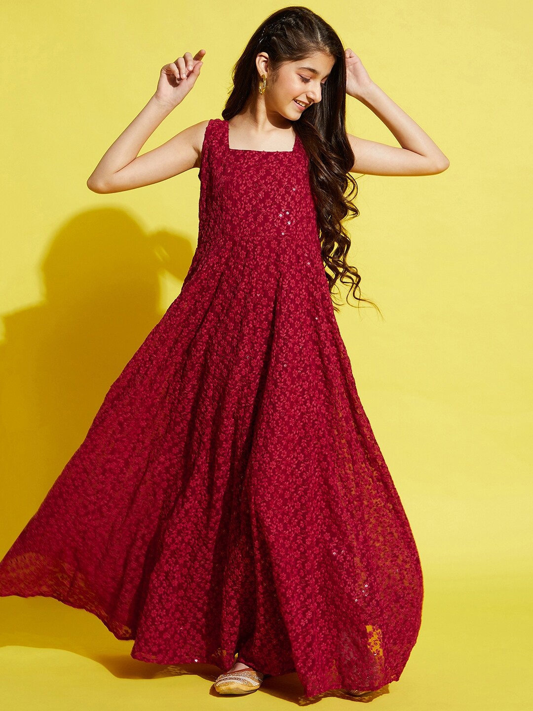 

Cherry & Jerry Maroon Floral Embroidered Ethnic Maxi Dress