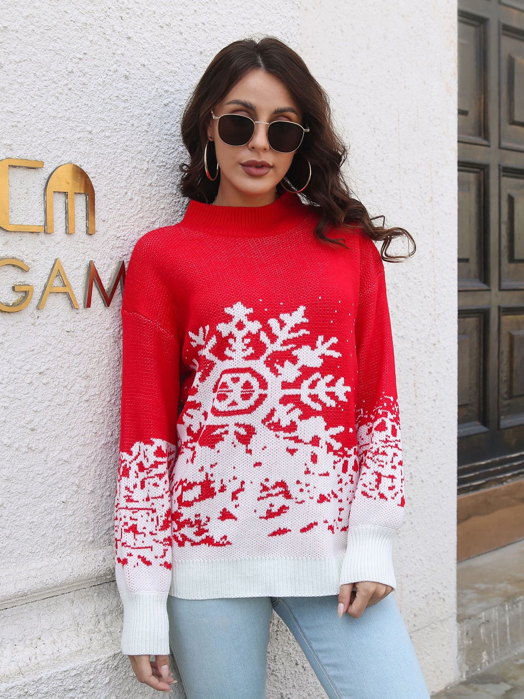 

StyleCast Round Neck Printed Acrylic Pullover with Embroidered Detail, Red