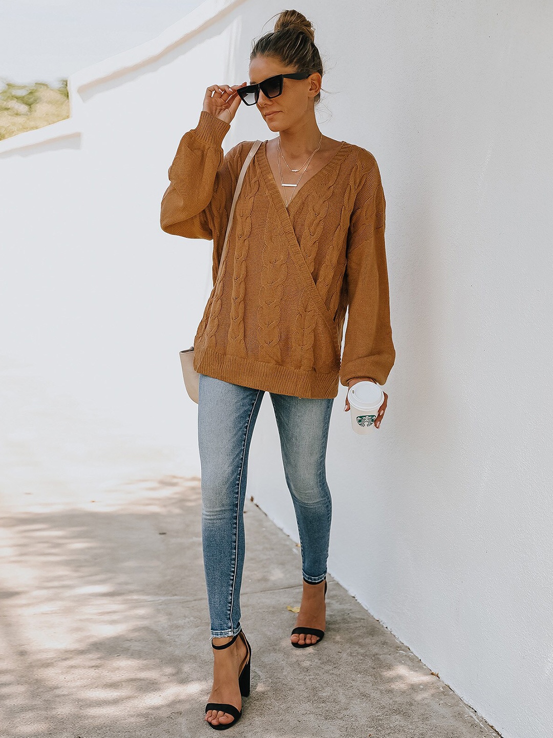

StyleCast V-Neck Cable Knit Acrylic Pullover with Embroidered Detail, Brown