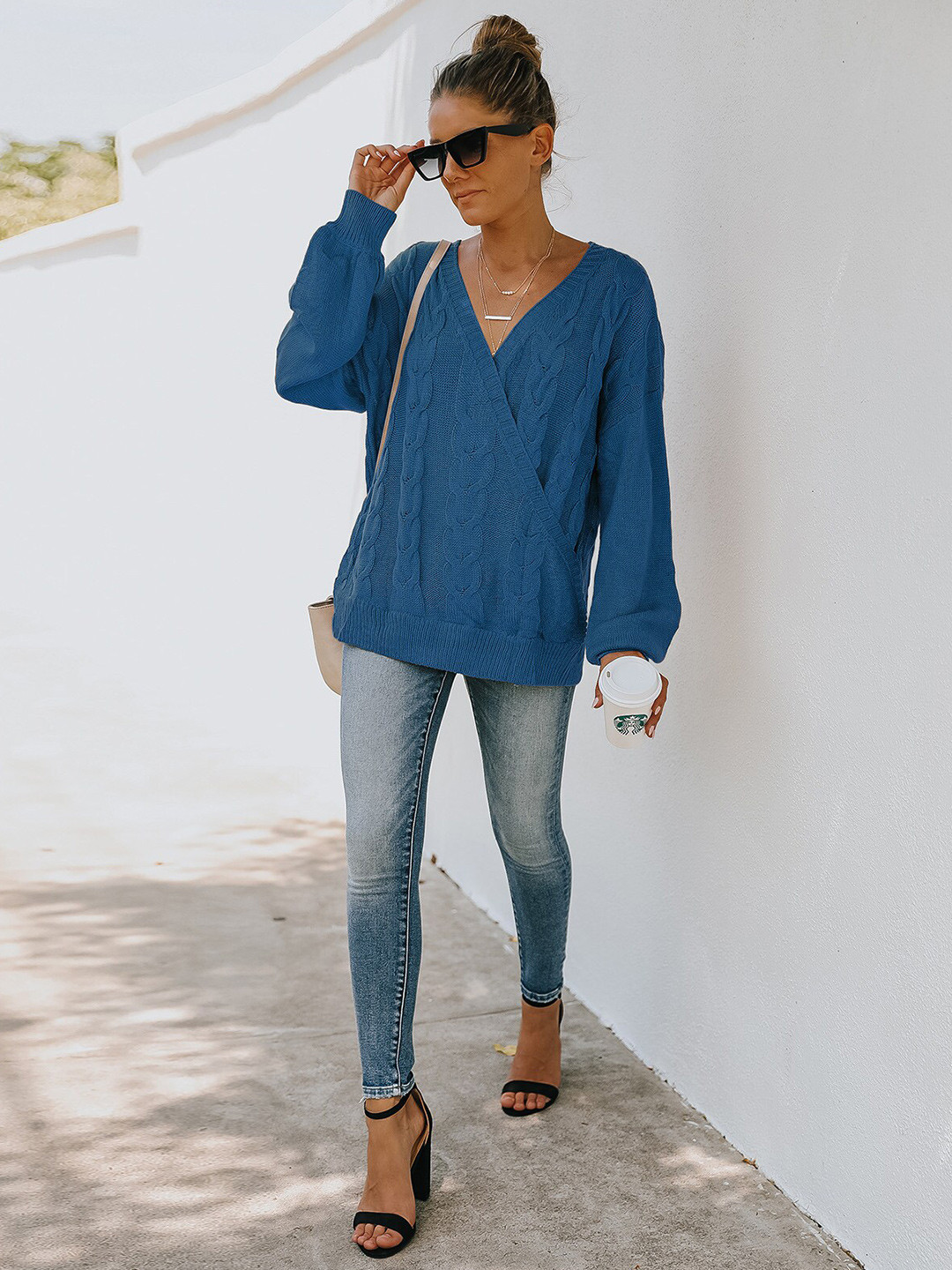 

StyleCast Women Blue Cable Knit Pullover with Embroidered Detail