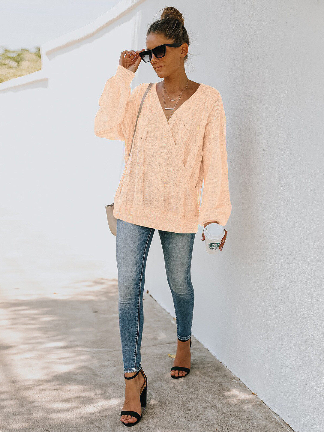 

StyleCast V-Neck Cable Knit Self Design Acrylic Pullover with Embroidered Detail, Pink