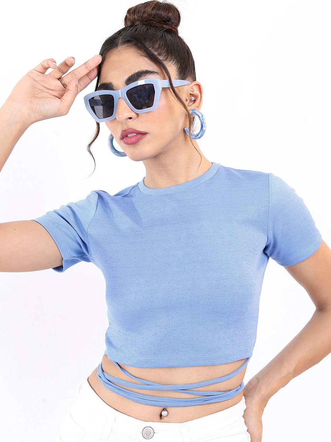 

Tokyo Talkies Tie Up Waist Crop Top, Blue