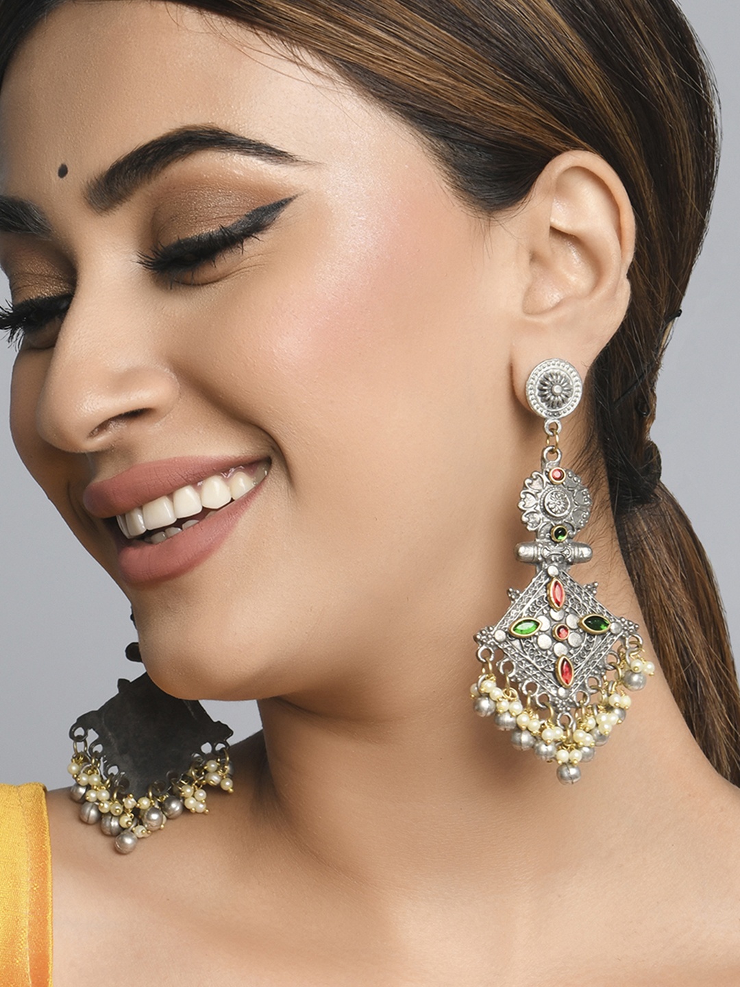 

Fida Gold-Toned Silver Plated Diamond Shaped Drop Earrings