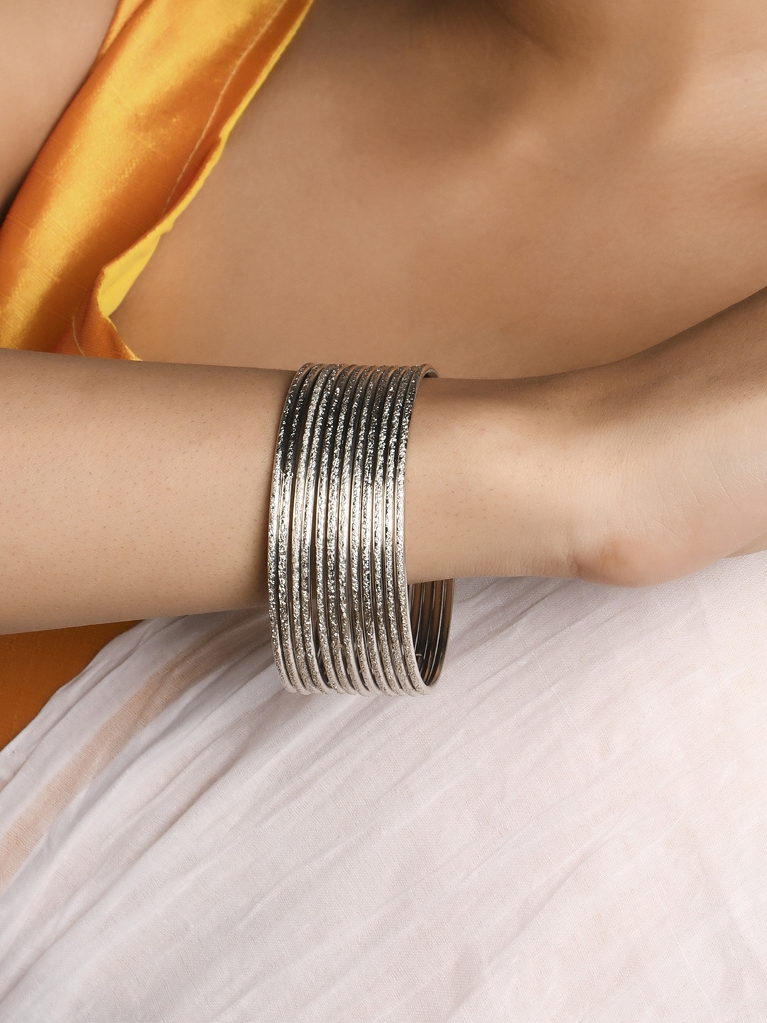 

Fida Set Of 12 Textured Bangle Set, Silver
