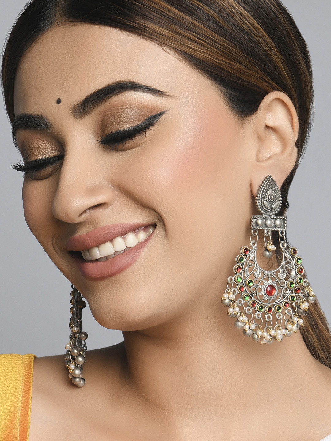 

Fida Green Silver Plated Crescent Shaped Chandbalis Earrings