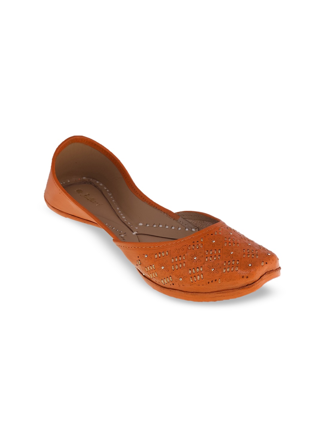 

Fulkari Women Orange Embellished Mojaris with Laser Cuts Flats