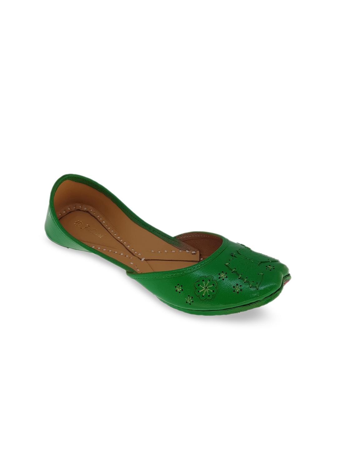 

Fulkari Women Lime Green Embellished Mojaris with Laser Cuts Flats