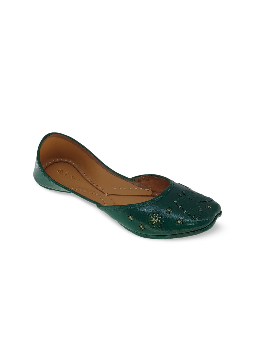

Fulkari Women Green Embellished Mojaris with Laser Cuts Flats