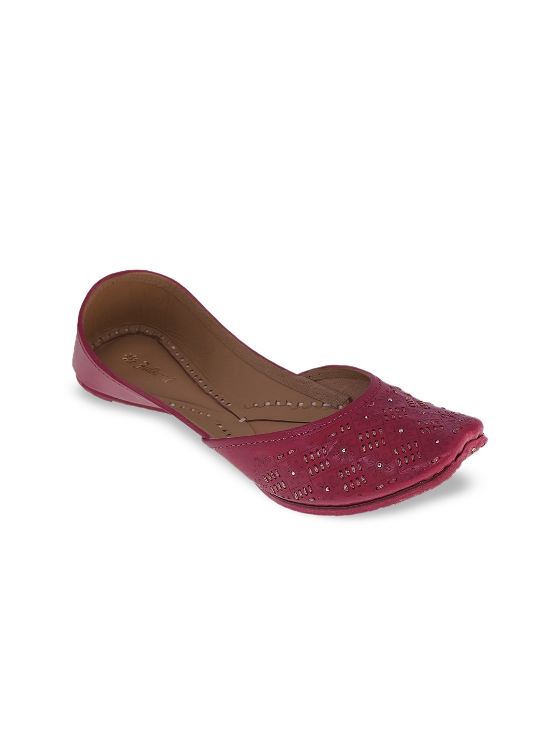 

Fulkari Women Magenta Embellished Mojaris with Laser Cuts Flats