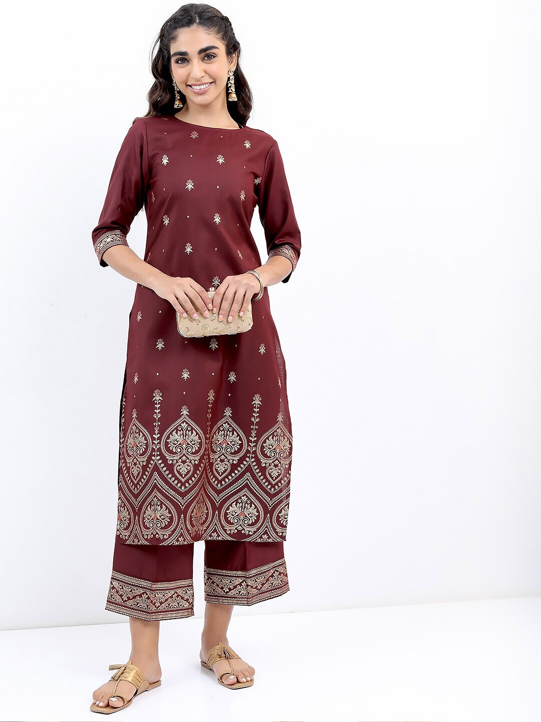 

KETCH Ethnic Motifs Printed Kurta With Palazzos, Burgundy