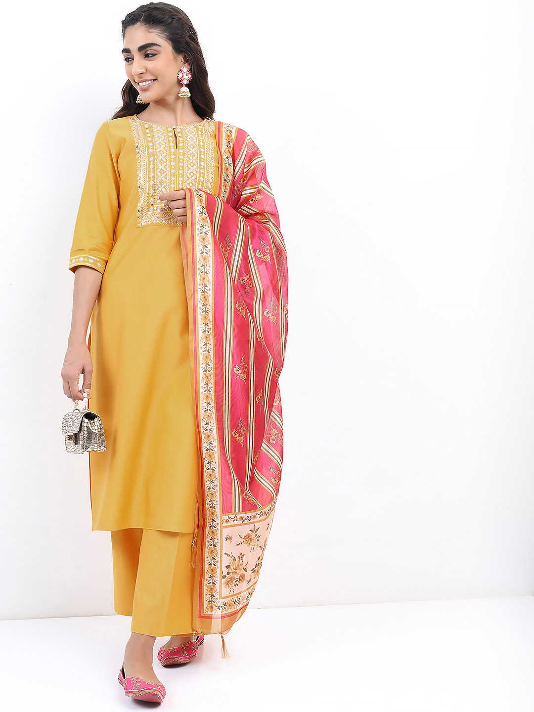 

KETCH Women Yellow Ethnic Motifs Embroidered Kurta with Palazzos & With Dupatta