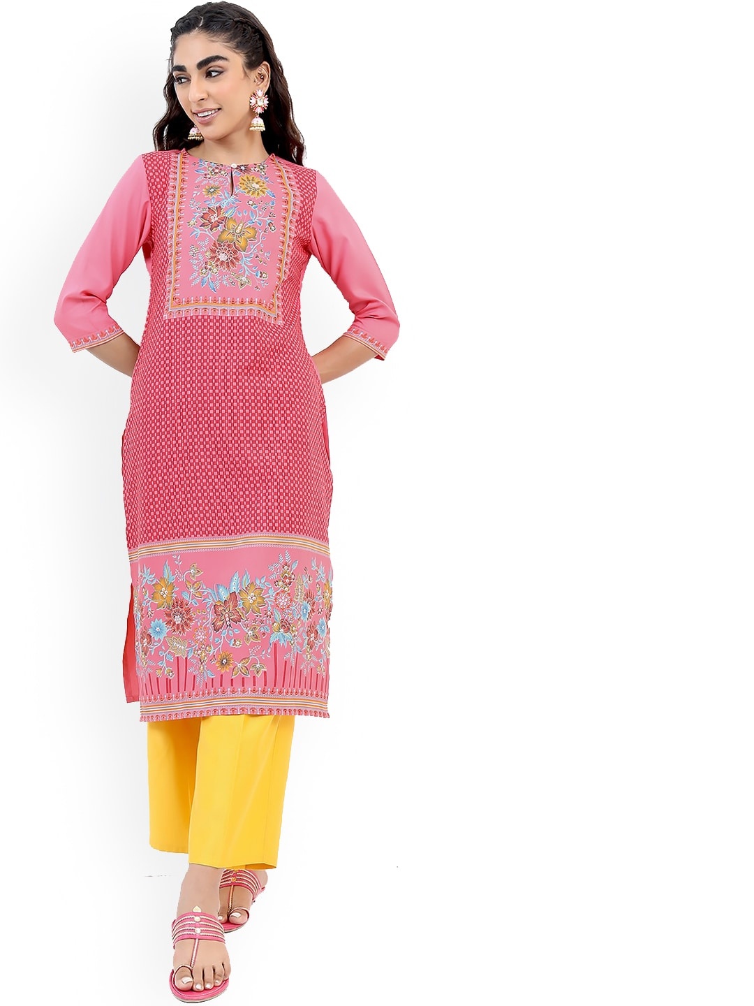 

KETCH Women Rose & Sea Green Floral Printed Kurta