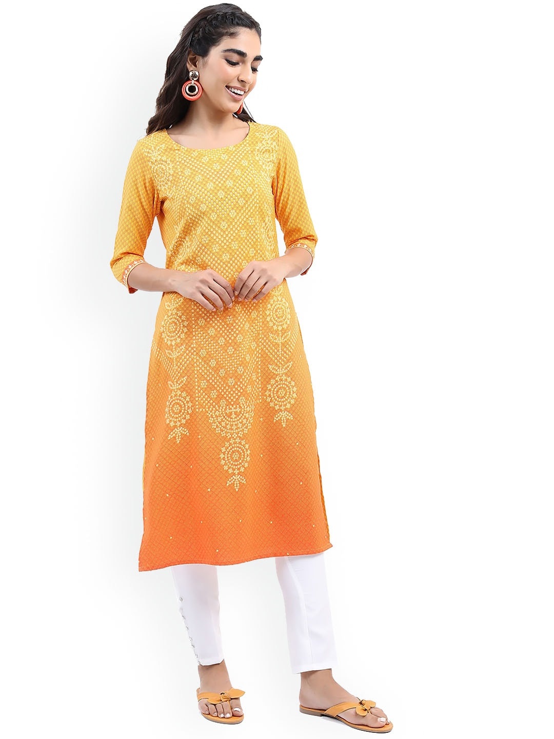 

KETCH Women Yellow Geometric Printed Chikankari Kurta