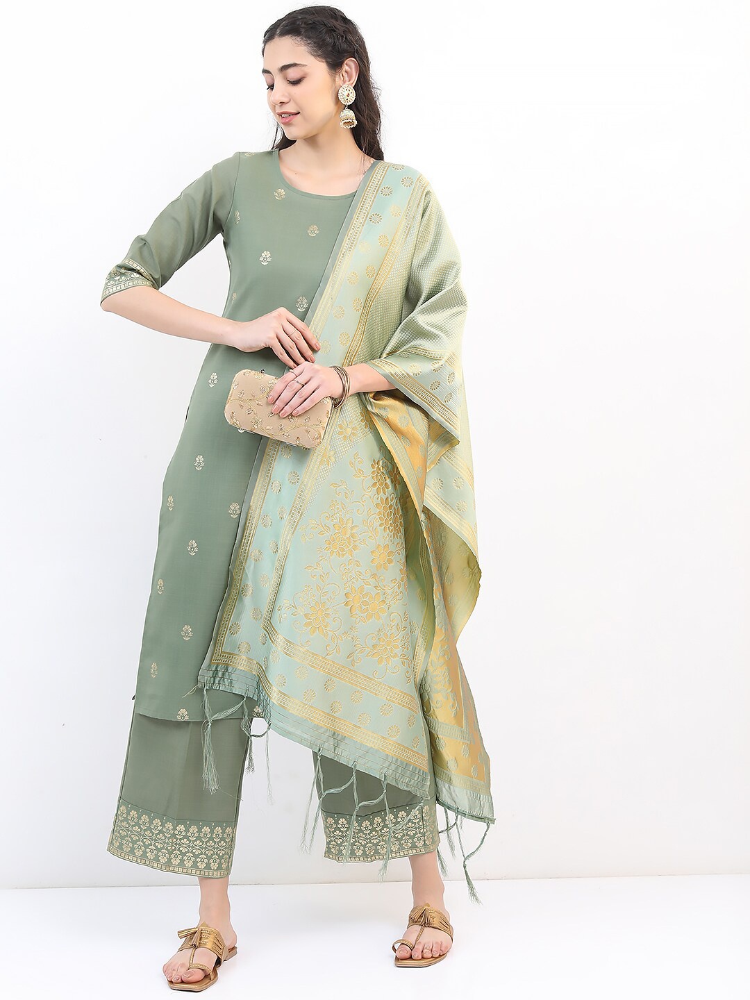 

KETCH Ethnic Motifs Printed Round Neck Kurta with Palazzos & Dupatta, Green