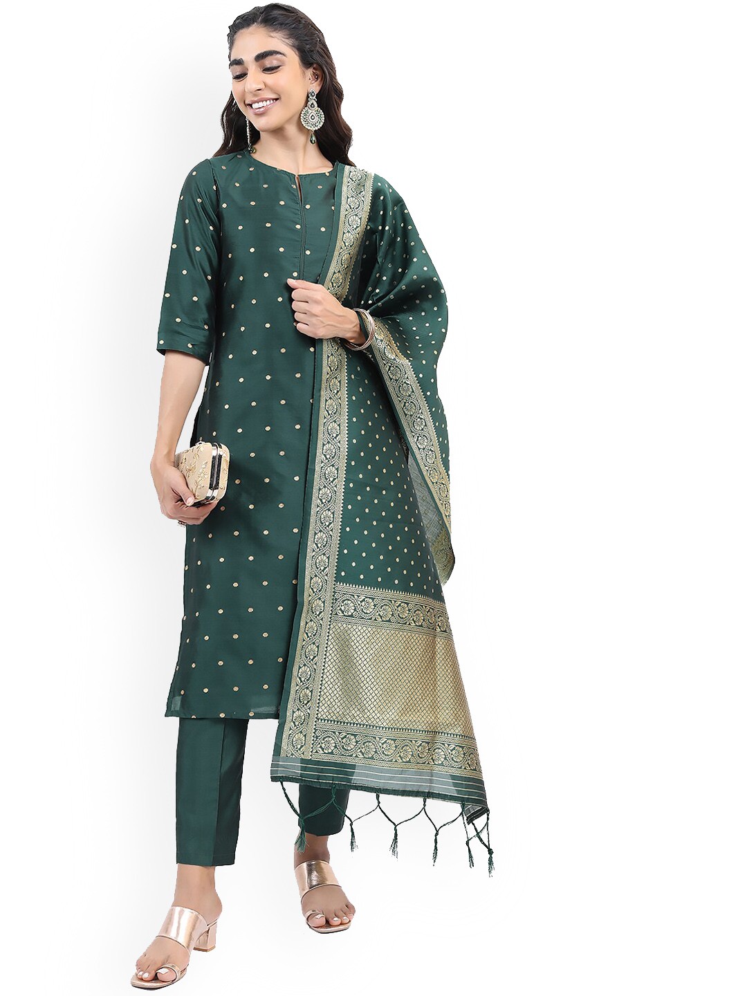 

KETCH Ethnic Motifs Printed Round Neck Kurta with Trousers & Dupatta, Green