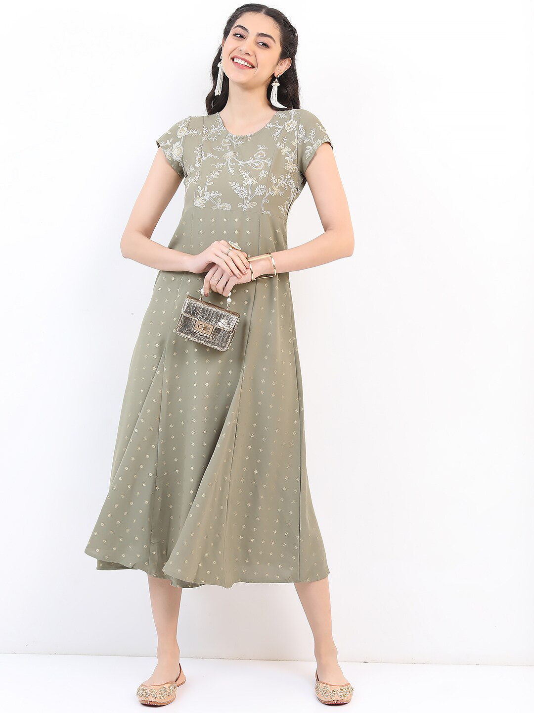 

Vishudh Olive Green Floral Embroidered A-Line Midi Dress