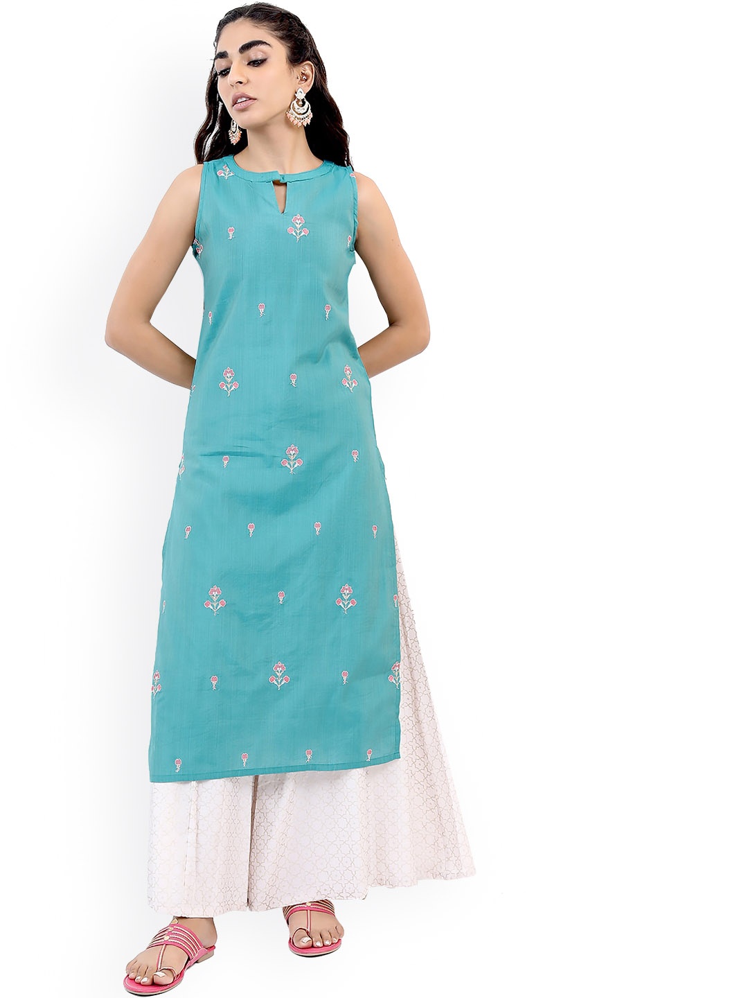 

Vishudh Women Floral Embroidered Sleeveless Kurta with Palazzos, Turquoise blue